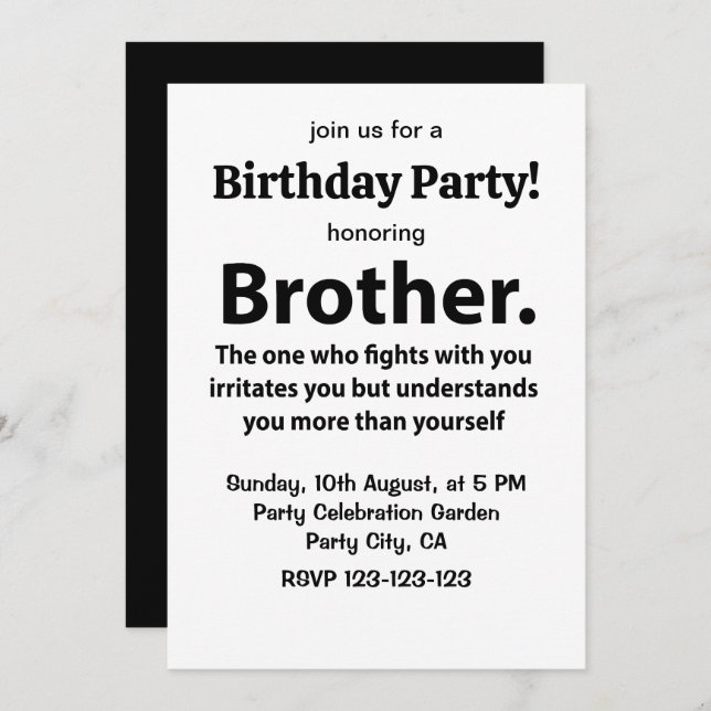 Invitation Brother Typographie Anniversaire Fête Frère (Devant / Derrière)