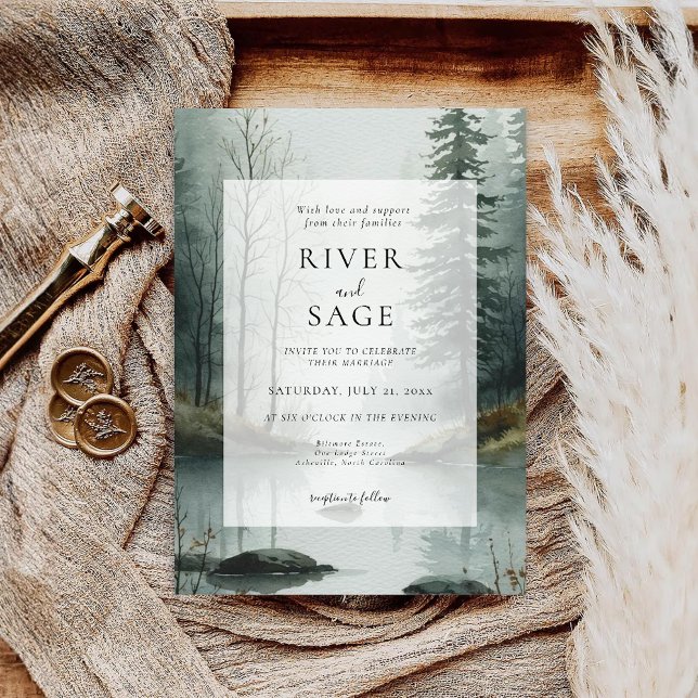 Invitation Brouillard Evergreen | Mariage de forêt aquarelle  (Créateur téléchargé)