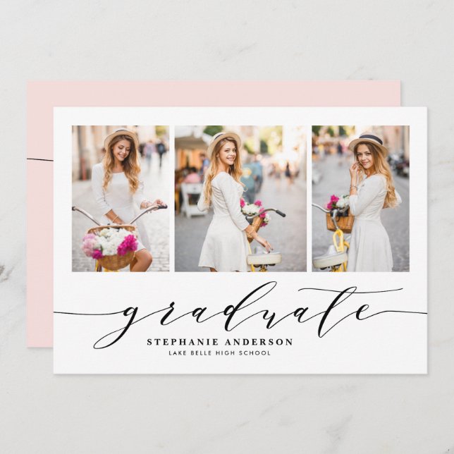 Invitation Broussailler Dainty Script Trois Photo Graduation  (Devant / Derrière)