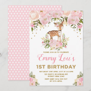 Invitation Broussailler le Cerf rose 1er Anniversaire Floral