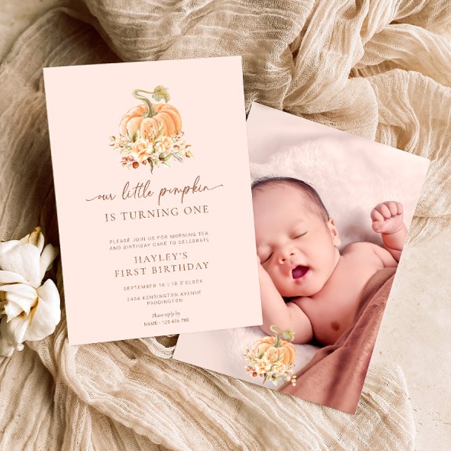 Invitation Brousse Rose Automne Un Peu Citrouille Premier Ann (Fall first birthday invitation. Our little pumpkin is turning one invitation)