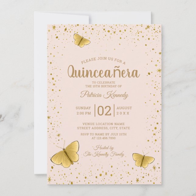 Invitation Broussette et Parties scintillant d'or Quinceanera (Devant)