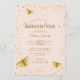 Invitation Broussette et Parties scintillant d'or Quinceanera