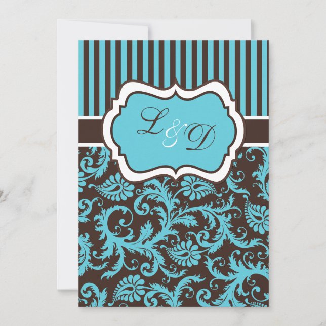 Invitation Brown, Aqua, White Striped Mariage damassé Invitat (Devant)
