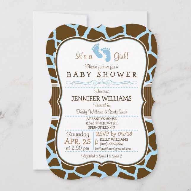Invitation Brown, Baby shower Poster de animal Blue Giraffe (Devant)