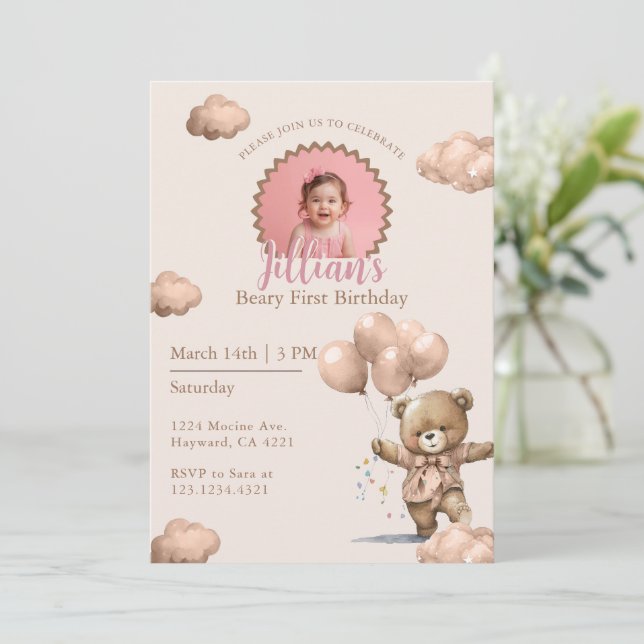 Invitation Brown Beary First Birthday Girl Photo (Debout devant)