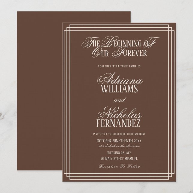 Invitation Brown Beginning Of Our Forever Timeless Wedding (Devant / Derrière)