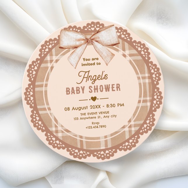 Invitation Brown beige bow plaid baby shower (Créateur téléchargé)