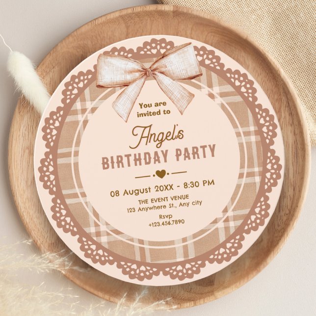 Invitation Brown beige bow plaid birthday (Créateur téléchargé)