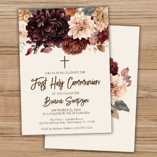 Invitation Brown Beige ivoire Floral Première Communion saint