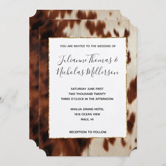 Invitation Brown Black Cream Southwest Cowhide Mariage (Devant / Derrière)