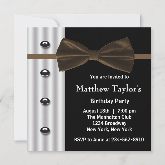 Invitation Brown Black Tuxedo Bow Cravate Hommes fête d'anniv (Devant)