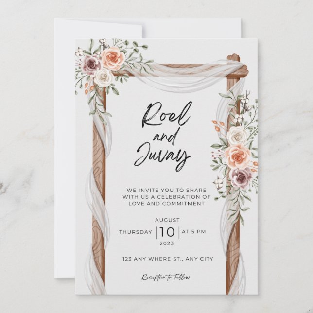 Invitation Brown blanc Mariage floral rustique (Devant)