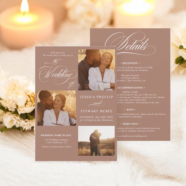 Invitation Brown blanc tout en un script photos mariage (Brown white all in one script photos wedding invitation)