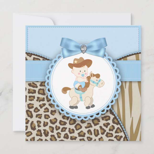 Invitation Brown Blue Cowboy Baby Boy Douche (Devant)