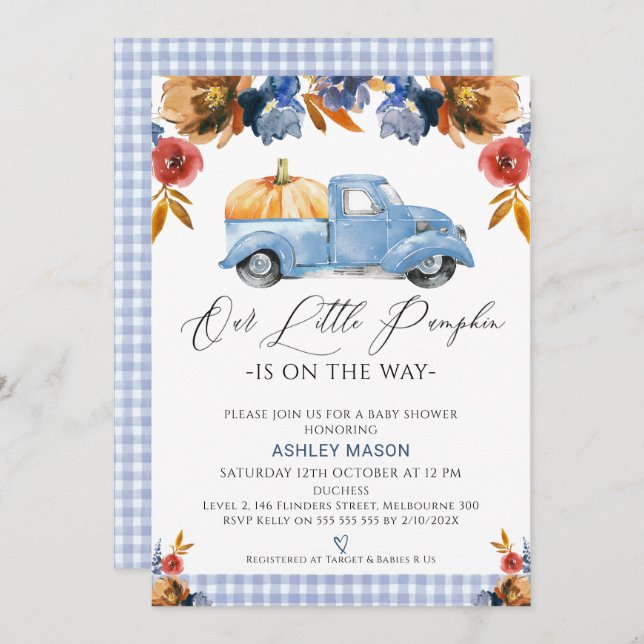 Invitation Brown Blue Floral Petit Citrouille Baby shower de  (Devant / Derrière)