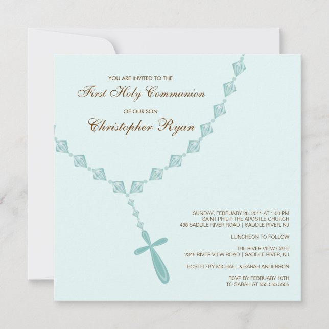 Invitation Brown Blue Rosary First Holy Communion (Devant)
