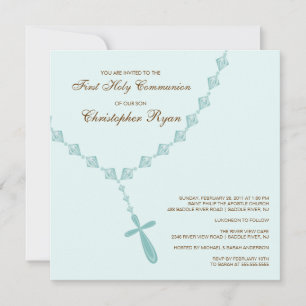 Invitation Brown Blue Rosary First Holy Communion