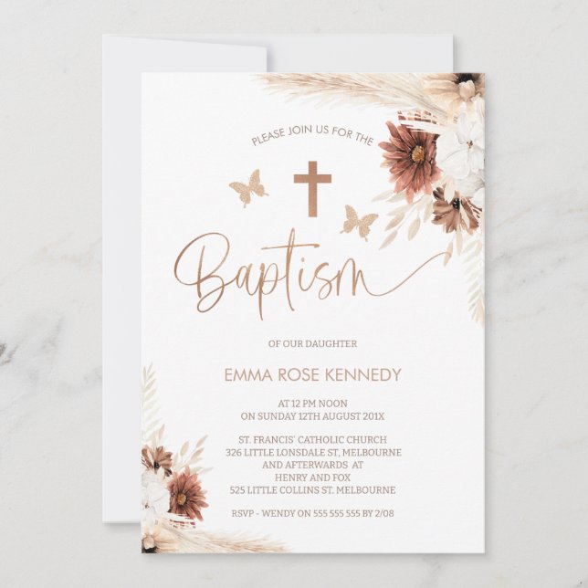 Invitation Brown Boho Floral Et Papillons Baptême (Devant)