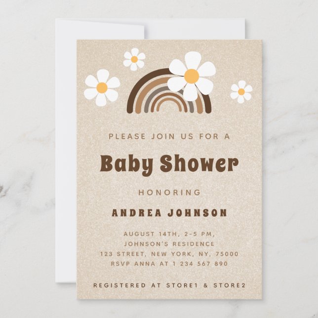 Invitation Brown Boho Rainbow & Daisy Floral Sand Baby shower (Devant)