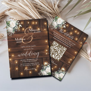 Invitation Brown Bois Chaîne Lights QR Code Rose Mariage
