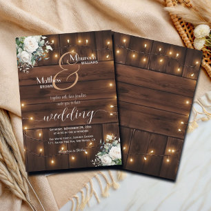 Invitation Brown Bois Chaîne Lumières Roses blanches Mariage