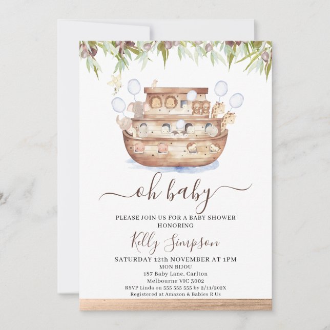 Invitation Brown Bois Oliviers Baby shower Noah's Ark Boys (Devant)