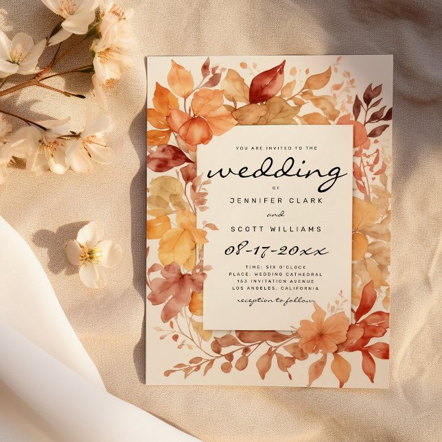 Invitation Brown bordeaux rouge orangé feuille mariage d'auto (Brown burgundy red orange leaves Autumn wedding)