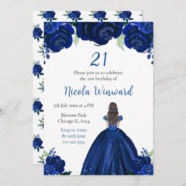 Invitation Brown Cheveux Princess Navy Floral Anniversaire (Devant / Derrière)