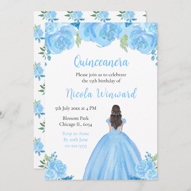 Invitation Brown Cheveux Princesse Bleue Florale Quinceanera (Devant / Derrière)