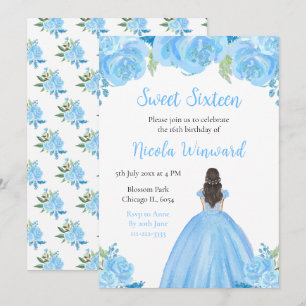 Invitation Brown Cheveux Princesse Blue Floral Sweet sixteen