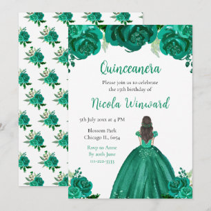 Invitation Brown Cheveux Princesse Green Floral Quinceanera