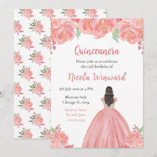 Invitation Brown Cheveux Princesse rose Floral Quinceanera