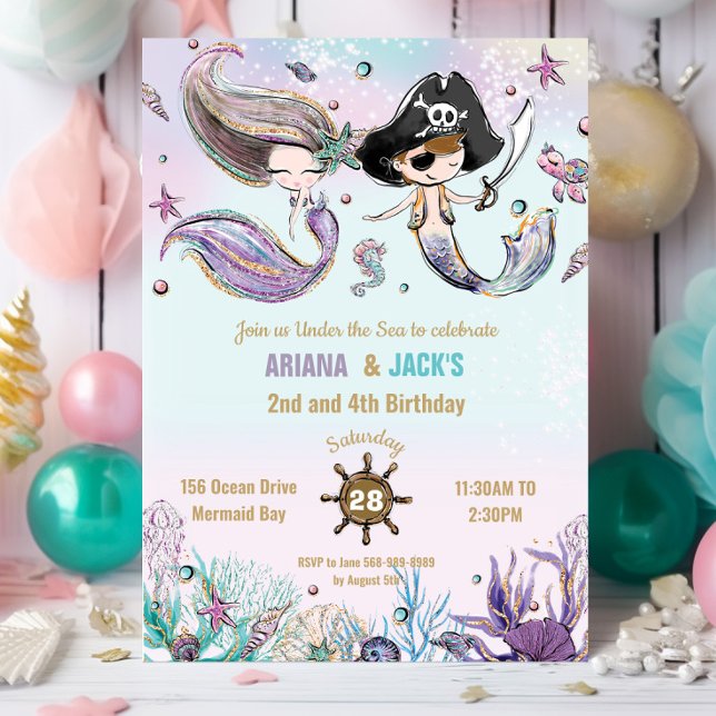 Invitation Brown cheveux sirènes Pirates jumeaux Anniversaire (mermaid and pirate twins brother sister joint pool birthday party invitation cards printed digital)