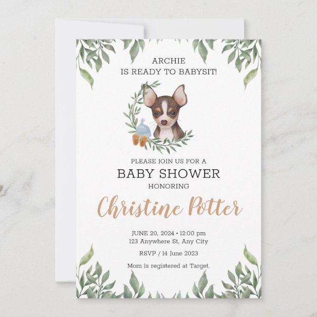 Invitation Brown Chihuahua Chien Boy Boho Baby shower de verd (Devant)