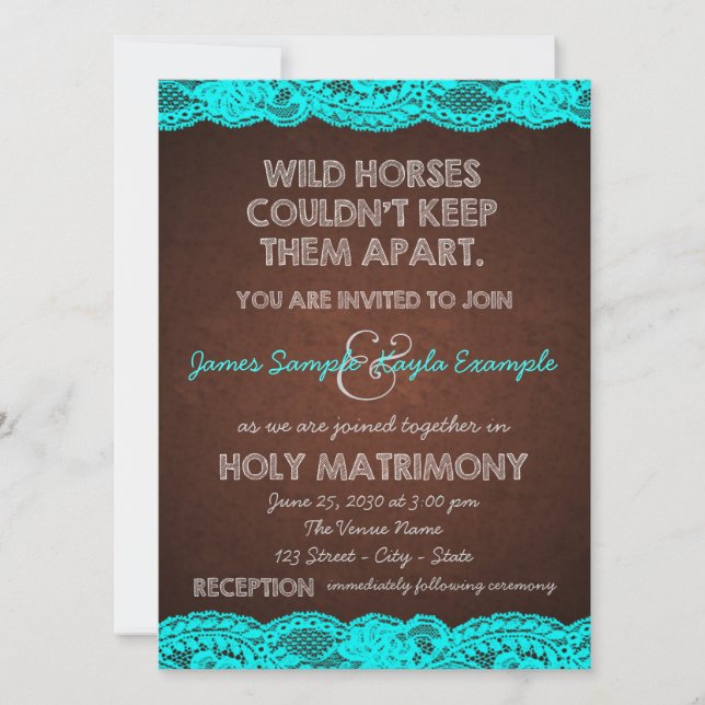 Invitation Brown et antique Turquoise Mariage dentelle bleue (Devant)