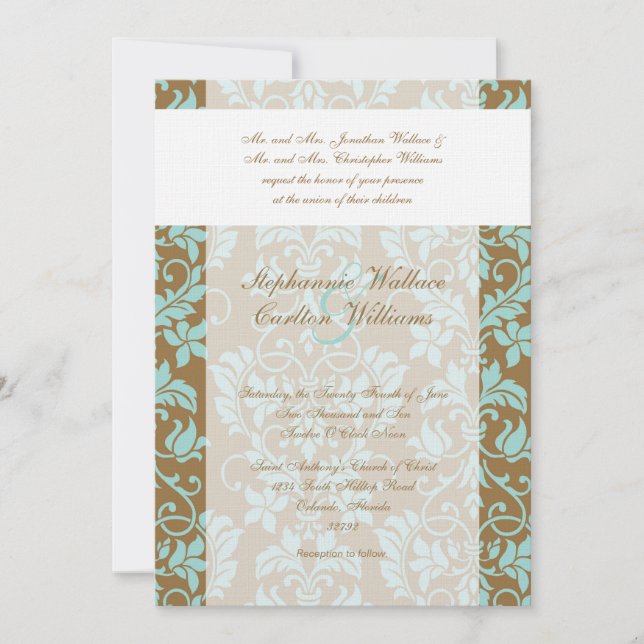 Invitation Brown et Blue Mariage damassé (Devant)