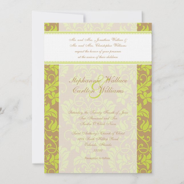 Invitation Brown et Lime Green Mariage damassé (Devant)