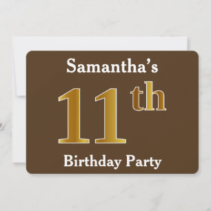 Invitation Brown, Faux Gold 11e fête d'anniversaire; Nom pers