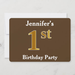 Invitation Brown, Faux Gold 1er Anniversaire ; Nom personnali