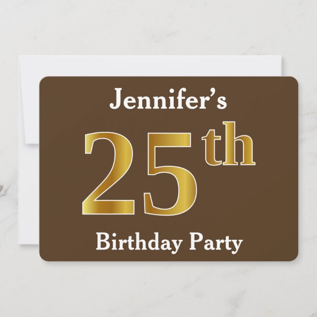 Invitation Brown, Faux Gold 25th Birthday Party; Nom personna (Devant)