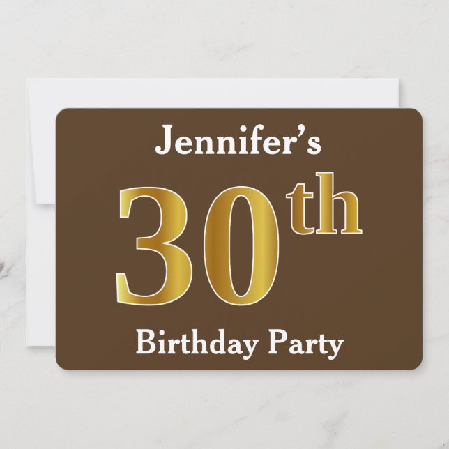 Invitation Brown, Faux Gold 30th Birthday Party; Nom personna (Devant)