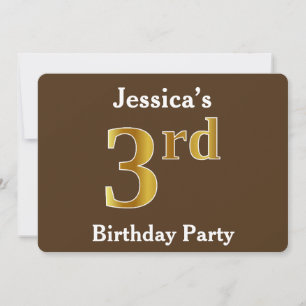 Invitation Brown, Faux Gold 3e fête d'anniversaire ; Nom pers