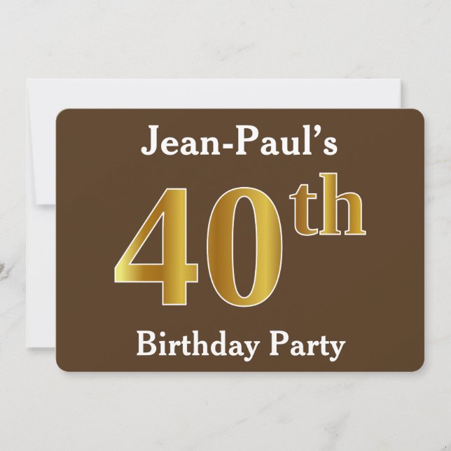 Invitation Brown, Faux Gold 40th Birthday Party; Nom personna (Devant)