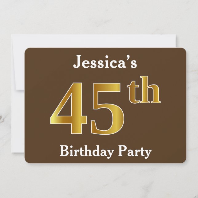 Invitation Brown, Faux Gold 45th Birthday Party; Nom personna (Devant)