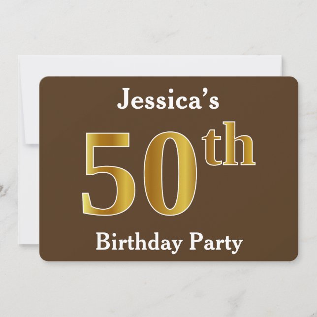 Invitation Brown, Faux Gold 50th Birthday Party; Nom personna (Devant)