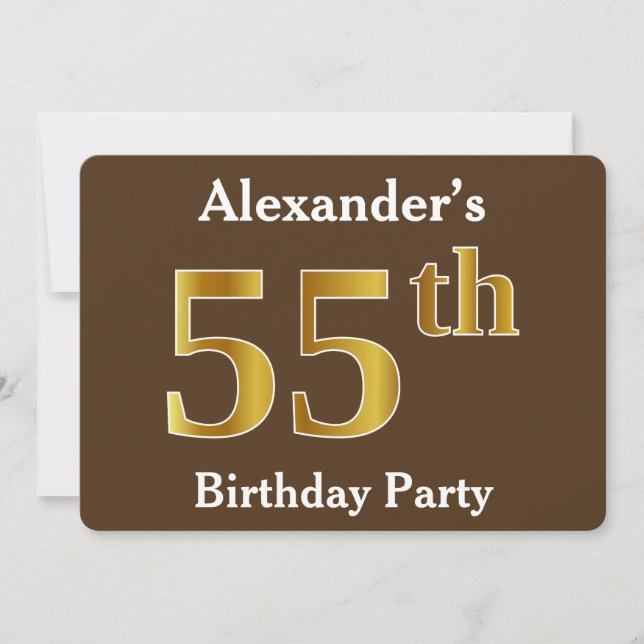 Invitation Brown, Faux Gold 55e fête d'anniversaire; Nom pers (Devant)
