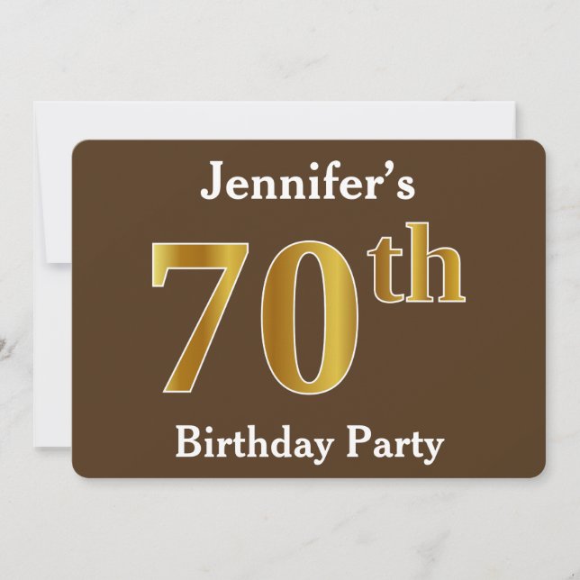 Invitation Brown, Faux Gold 70th Birthday Party; Nom personna (Devant)