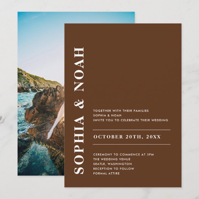 Invitation Brown foncé moderne Élégant Simple Photo Mariage (Devant / Derrière)