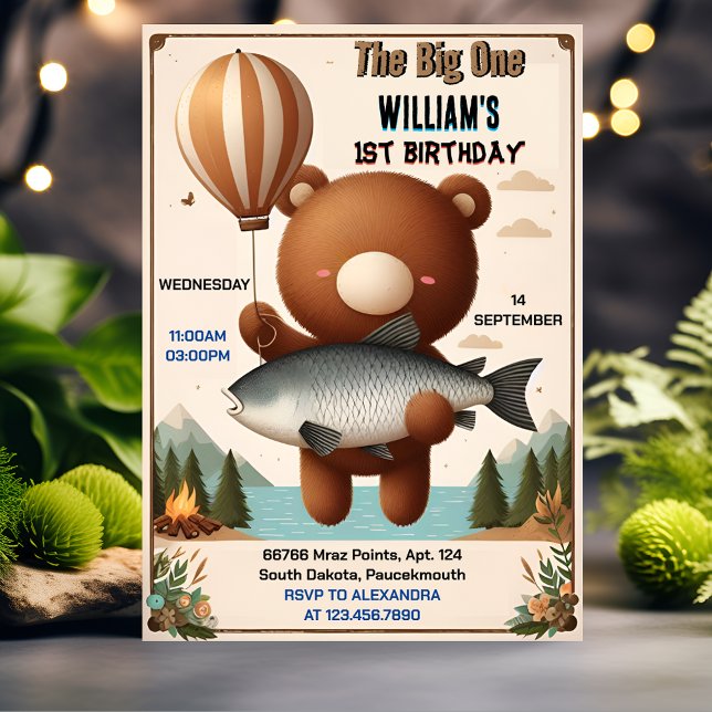 Invitation Brown Fun Fish Boy Cute Baby Bear 1er anniversaire (Créateur téléchargé)